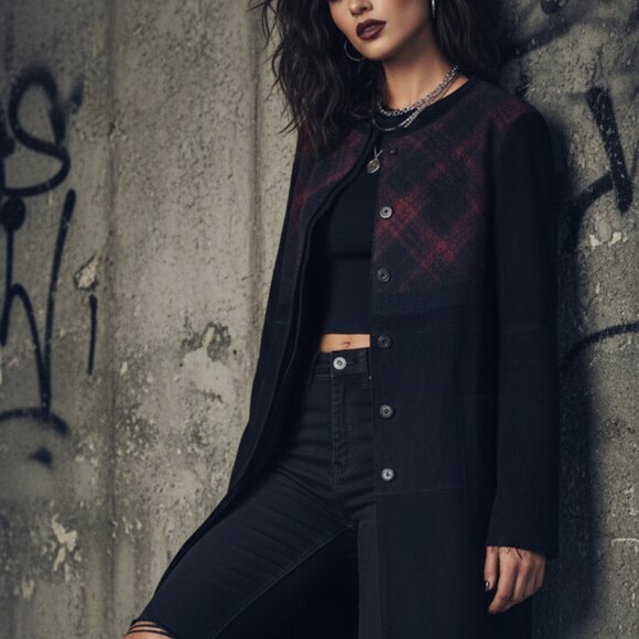 Free People Black Leather Jacket Size Large Suede Buffalo Plaid Grunge Dark Acad - Picture 1 of 16